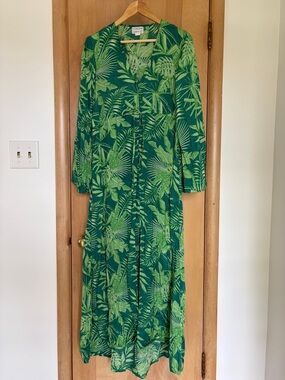 Honolulu Surf Co Leaf-Print Long Sleeve Green Maxi Dress